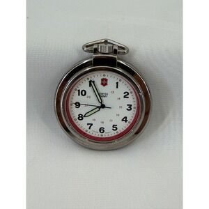 Swiss Army Victorinox Pocket Watch Silver Tone Red Bezel White Dial Swiss Made